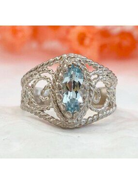 Blue Aquamarine Solitaire Gemstone Sterling Silver 925 Vintage Ring - sz 7.75